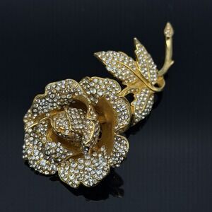 JOSE MARIA BARRERA Rose Huge Brooch Rhinestone Gold Tone Flower Vintage Pin 4.5"